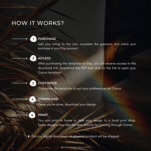 May include: Graphic with the text "HOW IT WORKS?" and numbered steps: Purchase, Access, Customize, Download, and Print. Instructions detail the digital download process, including Etsy and Canva. A rainbow prism effect is visible.