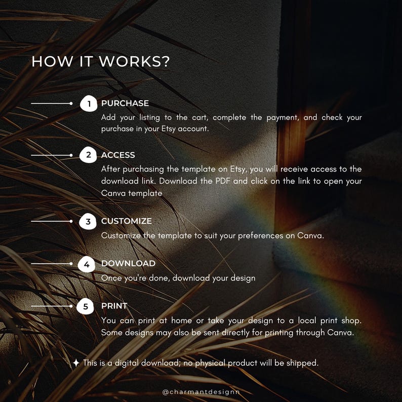 May include: Graphic with the text "HOW IT WORKS?" and numbered steps: Purchase, Access, Customize, Download, and Print. Instructions detail the digital download process, including Etsy and Canva. A rainbow prism effect is visible.