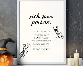 Pick Your Poison Bar Menu Sign, Halloween Drink Menu, Spooky Cocktail Sign, Halloween Party Bar Decor, Printable Halloween Bar Sign
