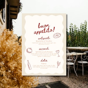 Italienisches Hochzeitsmenü, italienische Dinnerparty, Hochzeitsmenüvorlage, italienische Menükarte, Italien-Themenmenü, Hochzeitsmenü