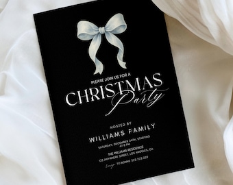 White Bow Christmas Party Invitation, White Ribbon Christmas Invitation, Holiday Party Invitation, Editable Christmas Party Invitation