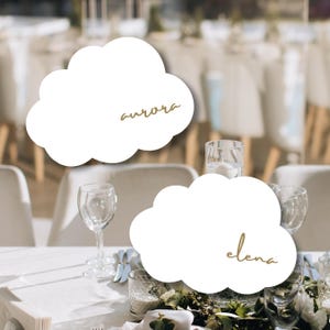 Może przedstawiać: Dwie białe, chmurowe karty do miejsc z pozłacanymi napisami. Górna karta zawiera napis "aurora", a dolna karta zawiera napis "elena".