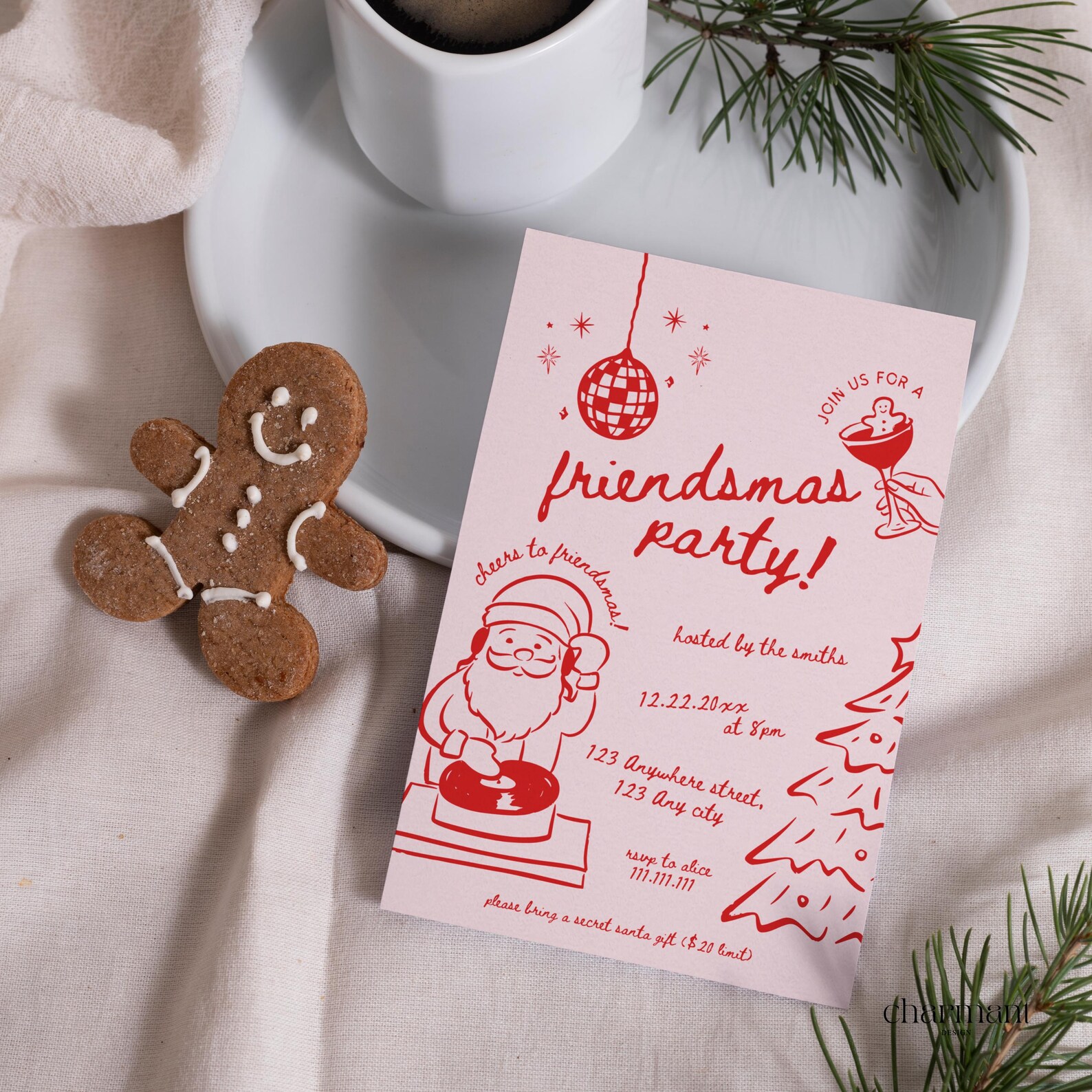 Friendsmas Christmas Party Invitation Template, Editable Christmas