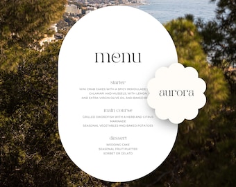 May include: A white menu with the word "menu" in a large font at the top. The menu lists a starter, main course, and dessert. The starter is mini crab cakes with a spicy remoulade, calamari and mussels, with lemon and extra virgin olive oil and baked bread. The main course is grilled swordfish with a herb and citrus marinade, seasonal vegetables and baked potatoes. The dessert is wedding cake, seasonal fruit platter, sorbet or gelato. The menu is titled "aurora" in a white cloud shape.