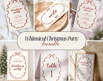 Peut inclure: Ensemble de papeterie de fête de Noël au design fantaisiste. Comprend des invitations, des cartons de table, des menus et des présentations de table. Chaque pièce présente un nœud rouge et une bordure décorative sur fond crème. Parfait pour les fêtes.