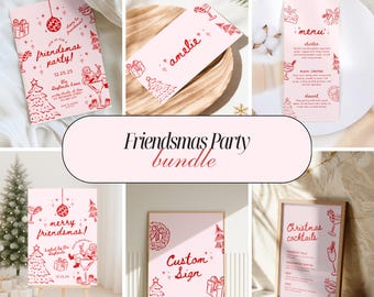 Peut inclure: Un ensemble de fête Friendsmas avec des motifs roses et rouges. Comprend des invitations, des cartons de table, des menus, une pancarte de bienvenue, un panneau personnalisé et un menu de cocktails. Les motifs présentent des sapins de Noël, des ornements et des verres à cocktails.