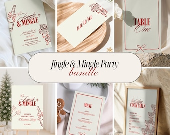 Peut inclure: Ensemble de papeterie pour une fête de Noël, comprenant des invitations, des cartons de table et des menus. Les motifs présentent du texte et des illustrations rouges sur fond crème. Le texte "Jingle & Mingle" est affiché.