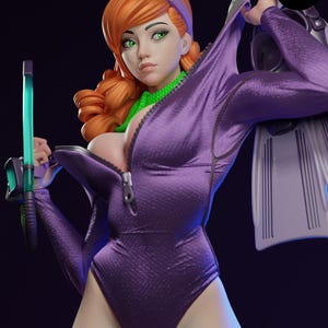 May include: A 3D-rendered figurine of a woman with red hair, green eyes, and a purple diving suit. She holds a diving mask and snorkel. The figurine has a green collar and a purple headband. The logo "esmmonster" is visible.