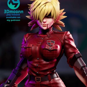 May include: A 3D printed figurine of a female character with blonde hair and a red leather jacket. The character has a serious expression and is holding a weapon. The text "3Dmoonn july reward available on my patreon" is visible in the image.