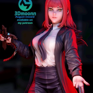 May include: A 3D rendered figure of a character with red hair, wearing a black coat over a white shirt and black pants. The figure is holding a weapon. The image includes the text "3Dmoon August reward available on my patreon".