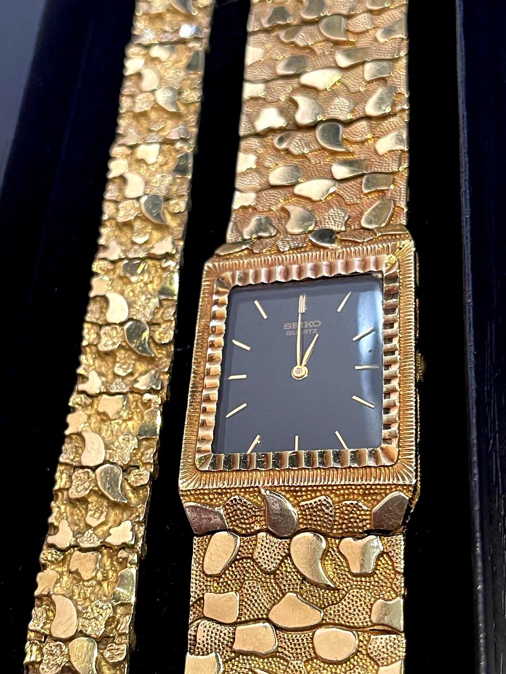 Vintage Solid Gold Nugget Seiko Watch and Bracelet Set