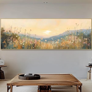 Horizontal 3D Textured Wall Art Large Long Wide Sunset Meadow Painting On Canvas Panoramic Wildflower Field Wall Art Living Room Wall Art