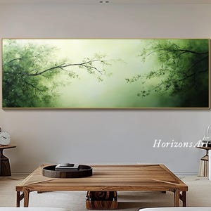 3D Horizontal Green Forest Textured Wall Art Large Long Wide Minimalist Tree Branch Painting On Canvas Panoramic Hand-Painted Nature Art