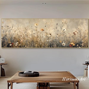 Arte de parede texturizada de flores silvestres horizontais, grande, longa e larga, pintura floral vintage em tela, panorâmica, rústica, flores do campo, arte para sala de estar