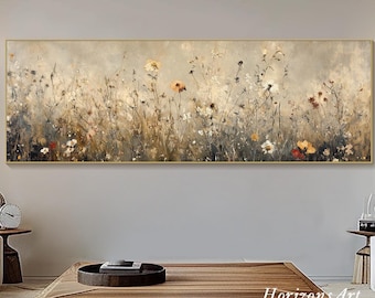 Horizontal Wildflower Textured Wall Art Large Long Wide Vintage Floral Painting On Canvas Panoramic Rustic Field Flowers Art Living Room Art