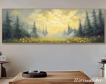 Gran lienzo con un amanecer dorado, largo y ancho, pintura de árboles de pino brumosos con textura horizontal en 3D, arte de pared, campo panorámico de flores silvestres