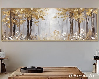 3D Horizontal Textured Gold And White Forest Wall Art Large Long Wide Elegant Painting On Canvas Panoramic Abstract Tree Art Living Room Art