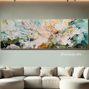 3D Horizontal Turquoise Abstract Flower Textured Wall Art Large Long Wide Ocean Tones Floral Painting On Canvas Panoramic Impasto Wall Art image 1
