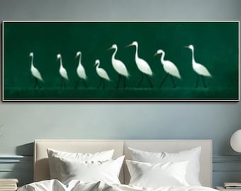 Minimalist Bird Art, White Egret Hand Painted Painting, Modern Green Wall Decor, Long Horizontal Wildlife Art Animal Canvas Nordic Style