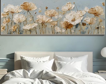 Textured Beige Flower Wall Art Large 3D Oil Painting On Canvas Neutral Impasto Botanical Floral Art Handmade Thick Texture Wall Art