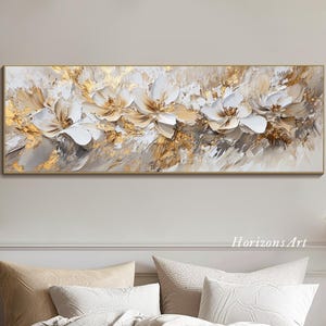 3D Horisontell Guldvit Blommig Texturerad Väggkonst Stor Lång Bred Abstrakt Lyxig Oljemålning På Duk Panorama Neutrala Toner Modern Konst