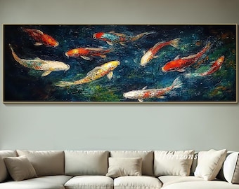 Large Long Wide Koi Fish Painting On Canvas 3D Horizontal Vibrant Koi Pond Textured Wall Art Panoramic Modern Impasto Art Living Room Art