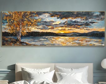 3D Horizontal Sunset Lake Textured Wall Art Large Long Wide Mountain Painting On Canvas Panoramic Autumn Tree Wall Art Living Room Wall Art