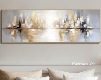 Pintura al óleo de paisaje urbano en oro y blanco, arte abstracto texturizado de horizonte urbano en lienzo