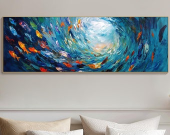 Large Long Wide Abstract Ocean Painting On Canvas 3D Horizontal Textured Fish Wall Art Panoramic Blue and Turquoise Art Living Room Wall Art