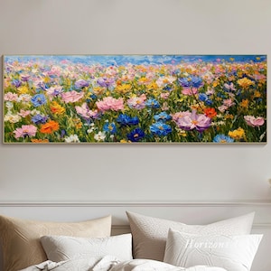 Horizontal Flower Field Textured Wall Art Large Long Wide Colorful Wildflower Painting On Canvas Panoramic Impressionist Art Living Room Art