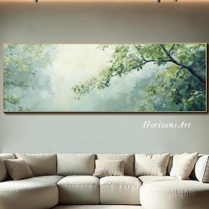Large Long Wide Minimalist Forest Painting On Canvas Horizontal Green Nature Textured Wall Art Panoramic Tree Branch Art Living Room Decor