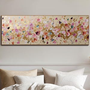 Abstract Floral Panoramic Textured Wall Art Pink and Gold Petals Painting On Canvas Impasto Painting Palette Knife Art Living Room Wall Art image 1