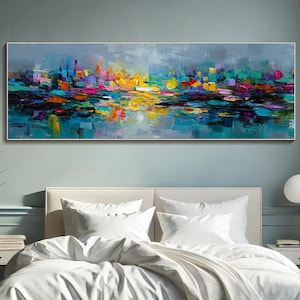 3D Abstract Cityscape Oil Painting On Canvas Colorful Textured Urban Reflection Wall Art Modern Horizontal City Wall Art  Impasto Wall Decor