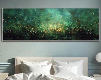 Abstract Green Textured Wall Art Emerald Gold Painting On Canvas Impasto Oil Painting Large Horizontal Living Room Decor