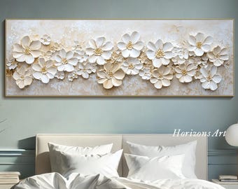 3D Textured Flower Wall Art Panoramic Floral Oil Painting on Canvas Large Neutral Botanical Art Extra Wide Hand-Painted Horizontal Decor