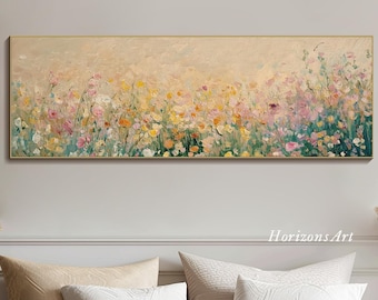 May include: A long, horizontal painting depicting a field of flowers in shades of pink, yellow, and green. The flowers are painted in a loose, impressionistic style, and the background is a soft, muted beige.
