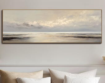 Abstract Seascape Textured Wall Art Large Neutral Ocean Oil Painting Minimalist Coastal Canvas Modern Horizontal Wall Decor for Living Room