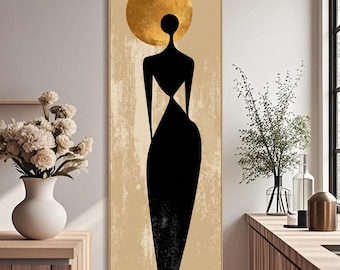 Silueta de mujer negra abstracta vertical 3D, arte grande, largo y ancho, minimalista, con halo dorado, pintura al óleo sobre lienzo, figura panorámica, arte de pared