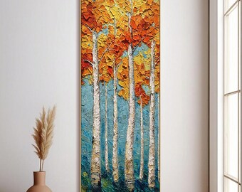 Painting On Canvas Textured Wall Art Birch Tree Oil Painting Autumn Forest Landscape Large Vertical Original Painting For Modern Home Decor