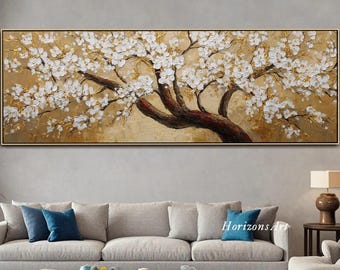 Japanese Sakura Tree Texture Wall Art White Cherry Blossom Gold Impasto Oil Painting On Canvas Luxury Floral Artwork Living Room Wall Decor