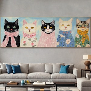 3D 水平カラフル猫肖像テクスチャ壁アート 大きくて長くて幅広のかわいい猫の絵 キャンバス パノラマ 気まぐれな猫の壁アート