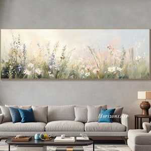 May include: A long, horizontal canvas painting featuring a field of white wildflowers with green foliage and a soft, pastel background. The painting has a light blue sky with hints of pink and yellow.