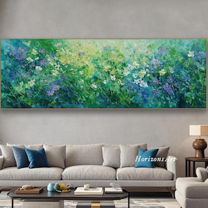 3D Textured Green Floral Wall Art Horizontal Bloom Oil Painting On Canvas Vibrant Garden Scene Hand Painted Art Pastel Flower Field Decor