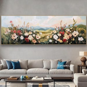 Pintura al óleo floral panorámica sobre lienzo, arte mural de flores silvestres con textura horizontal, lienzo de prado primaveral pintado a mano, arte de sala de estar de montaña