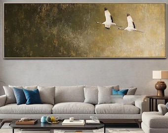 Large Flying Crane Oil Painting Horizontal Birds Textured Wall Art Gold Asian Style Wall Decor Impasto Canvas Living Room Wall Art