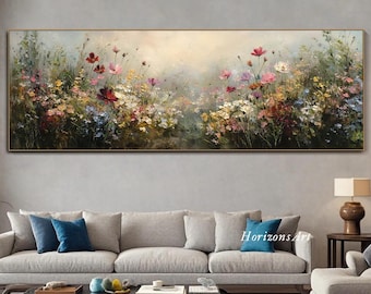 Bloemen veld getextureerde muur kunst mistige tuin schilderij op canvas zachte pastel bloemenweide kunst Impasto natuur decor woonkamer muur kunst