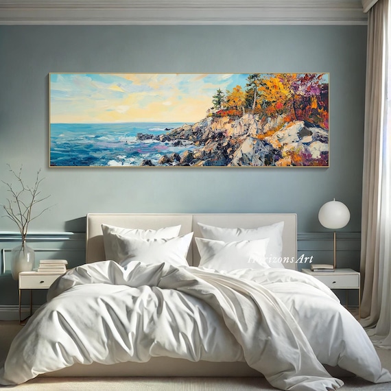 3D Horizontal Textured Coastal Autumn Wall Art Large Long Wide Rocky Shoreline Painting On Canvas Panoramic Fall Foliage Art Living Room Art