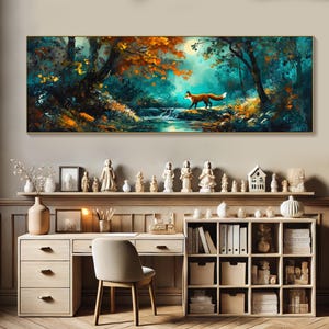 May include: A painting depicting a fox walking through a woodland setting, with a stream in the foreground. The forest is painted in shades of blue and green with touches of yellow and orange.