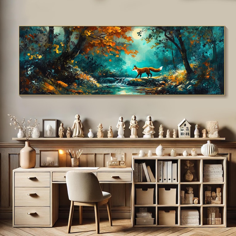 May include: A painting depicting a fox walking through a woodland setting, with a stream in the foreground. The forest is painted in shades of blue and green with touches of yellow and orange.