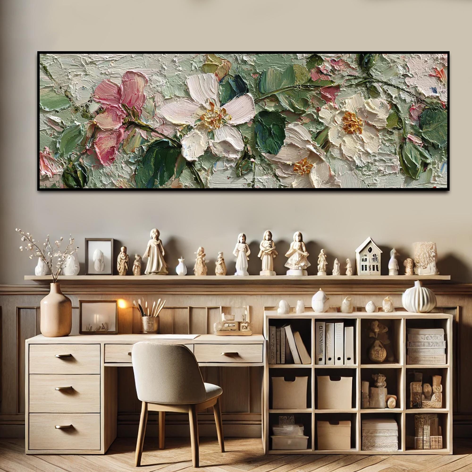 Pink White Floral Textured Wall Art Large Wildflower Oil Painting on ...